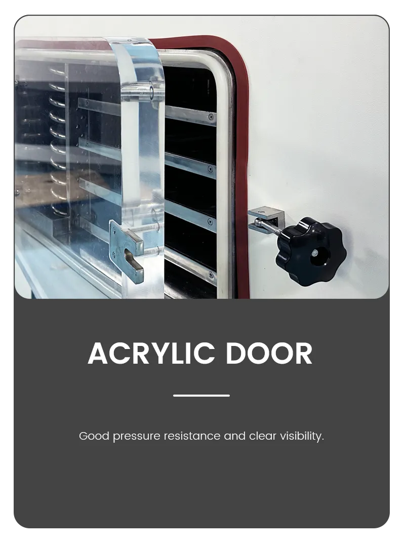Product feature diagram displaying a clear thick acrylic door with excellent pressure resistance and visibility for an industrial vacuum freeze dryer chamber.
